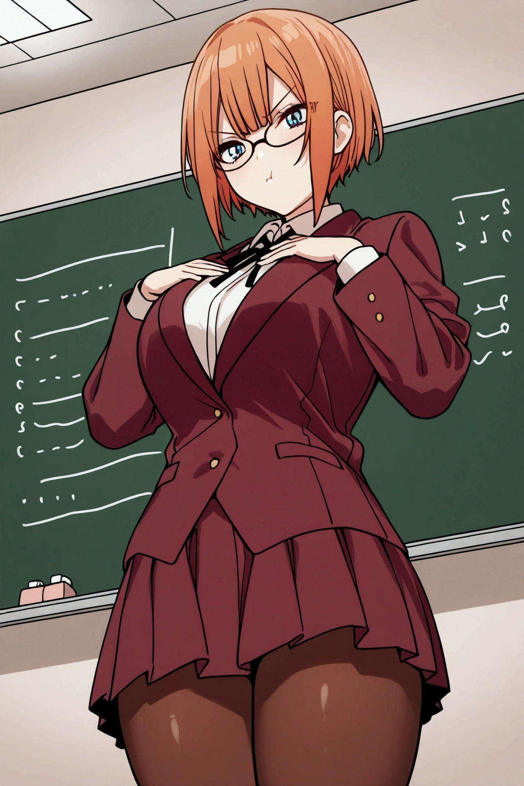 From below, alone, girl, Ogata Rizu, pout face, orange hair, bob hair cut, glasses, serious face, big chest G cup, blue eyes, burgundy school jacket, white shirt, school ribbon, burgundy school skirt, brown stockings, chalk in her hand, pizzaron, mathematical calculations, classroom, femenine pose, perfect scene, masterpiece, score 10, anime colors, american shot, beautiful, composition, harmony, high quality, beautiful, feminine