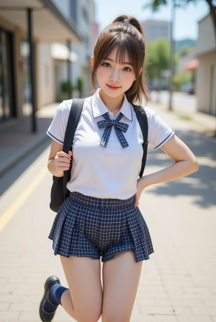 Masterpiece, 8k, Photorealistic, Raw photo, top-quality, Beautiful Japanese High school girl, Photorealistic, (Plump breast:1.5), Dynamic angle, 
school uniform, Dark blue socks, Coin-Lofer, Straddling tab;e, legs spread apart, white pantie, White blouse, dark blue Butterfly styled check-pattern ribbon at collar, plaid pleated short skirt, carrying Brack backpack , (From below1.3), morning, Ponytail, Sunshine, Closeup,