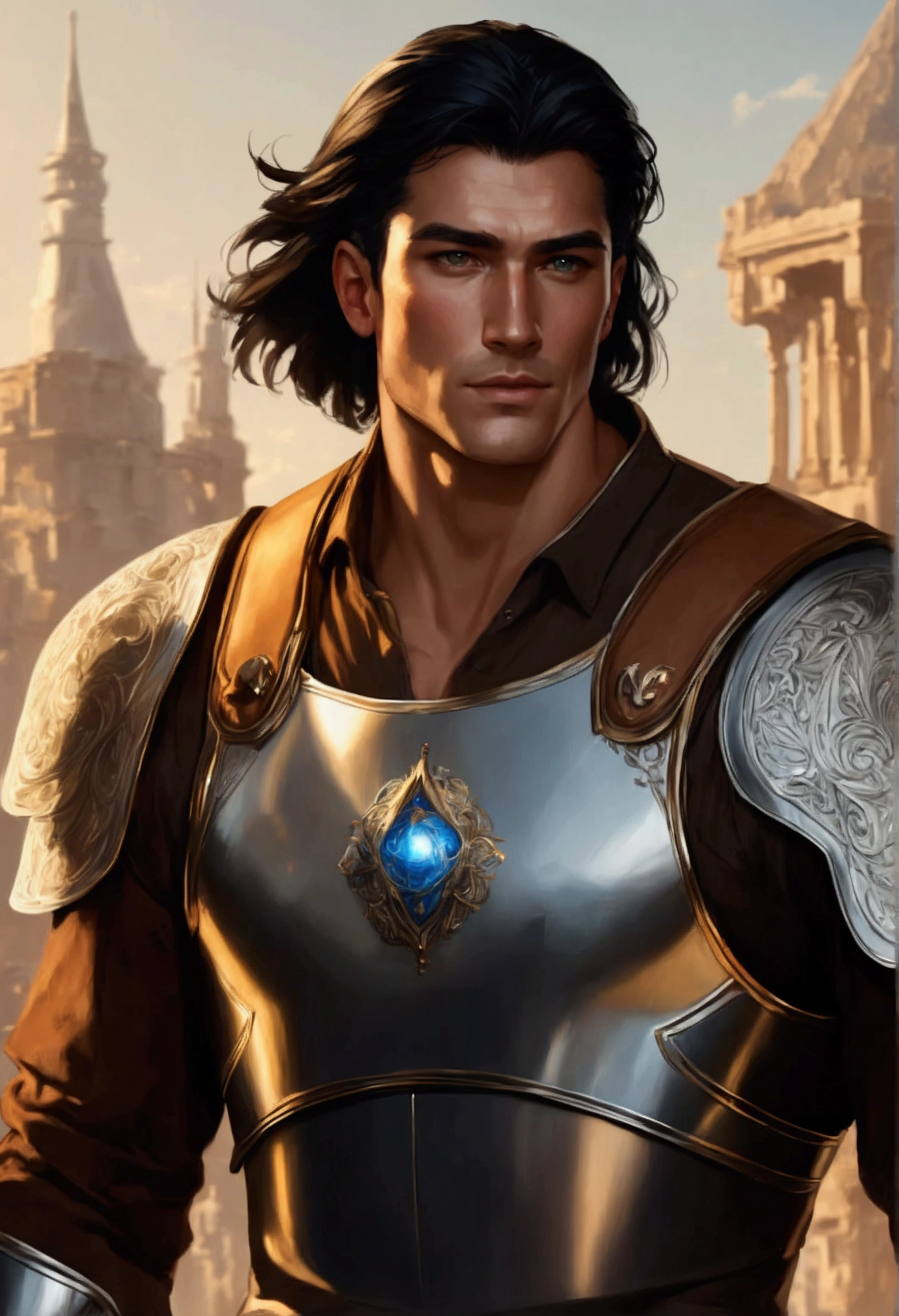  Tall man (1,97m), brown hair with a low and strictly aligned cut, blue eyes, slightly tanned skin from working out in the sun, firm square chin, with stubble, strong and trained body, with a countenance of magnitude and power, paladin and western armor