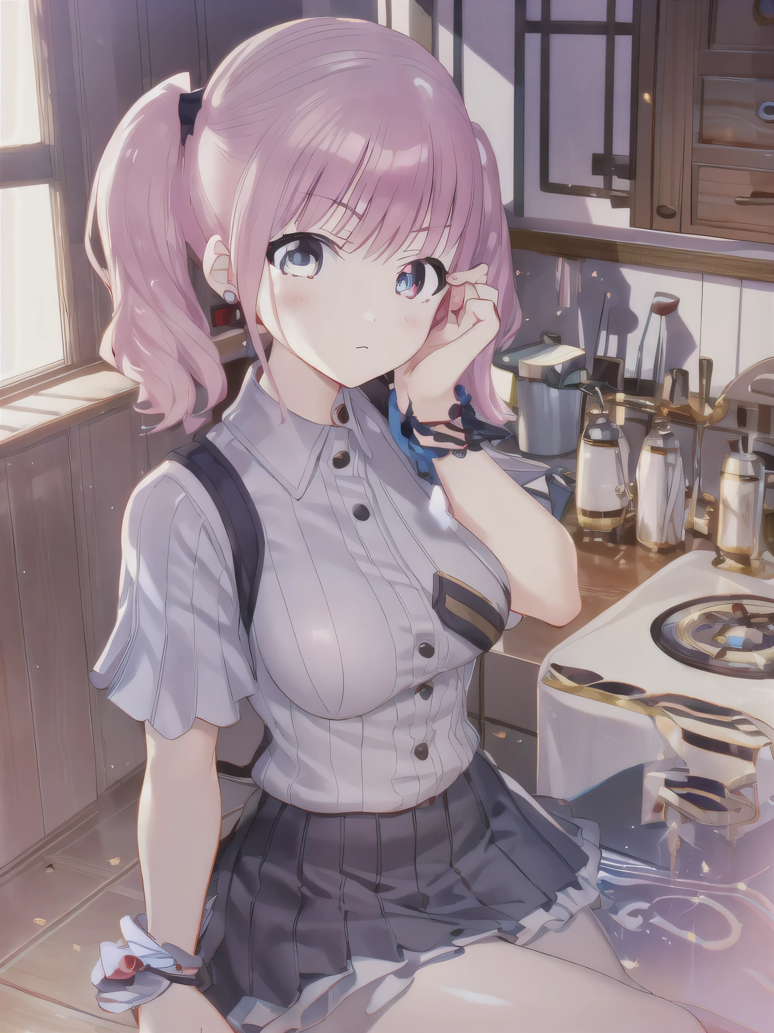  a girl ，Short hair,  bangs,  Pink Hair,  hair between eyes, (Red Eyes:1.5),  (Medium breasts:1.2), Twin ponytails，
rest  锁骨,  white shirt , Pleated Skirt, mini skirt, bracelet,  white skirt ,cliff arch，
rest looking at viewer, whole body,
rest indoors, kitchen，
rest (masterpiece:1.2),  best quality,  high resolution,  Unity 8K Wallpaper , (illustration:0.8), ( beautiful and delicate eyes :1.6),  Extremely detailed face , Perfect lighting,  extremely detailed CG , (Perfect hands,  Perfect Anatomy),