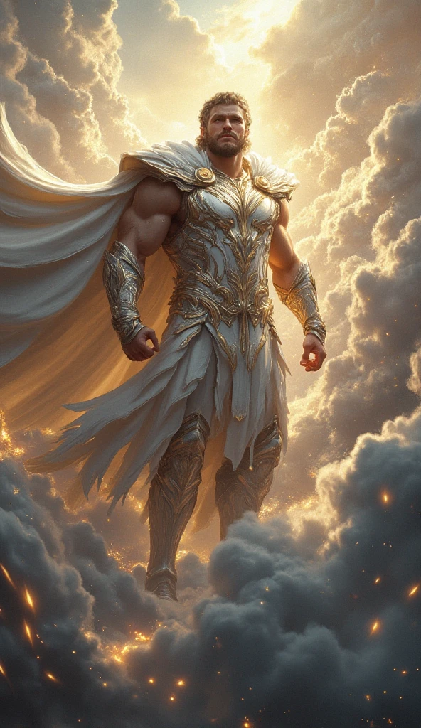 Deus grego Zeus (Preshessional 3D rendering:1.3)  soft and shiny male hero, ultrawide ((Ultra-wide resolution)), 2560x1080, ((epic heroic fantasy, homens musculosos, Wet Hero, olhar irritado