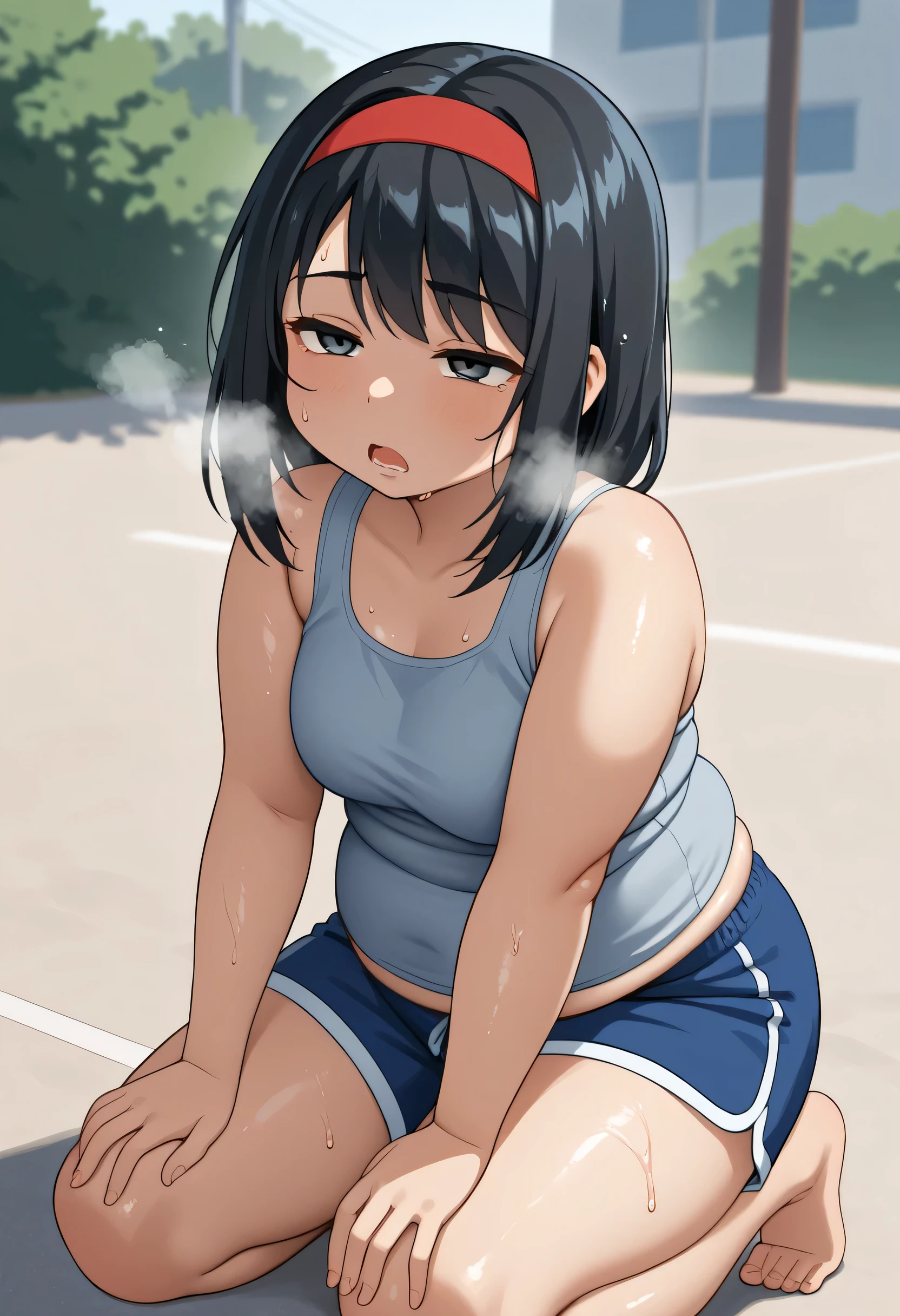 KPYoriGirl, score_9, 1girl, solo, outdoors, in school, oversized gray tanktop, blue shorts, bending ovet pose, tired, half body, sweaty, out of breath, dripping sweat, wet with sweat, open mouth, hands on knees, chubby, slightly obese, black hair, red handband