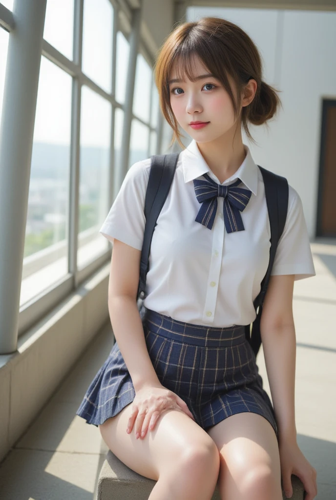 Masterpiece, 8k, Photorealistic, Raw photo, top-quality, Beautiful Japanese High school girl, Photorealistic, (Plump breast:1.5), Dynamic angle, 
school uniform, Dark blue socks, Coin-Lofer, Straddling tab;e, legs spread apart, white pantie, White blouse, dark blue Butterfly styled check-pattern ribbon at collar, plaid pleated short skirt, carrying Brack backpack , (From below1.3), morning, Ponytail, Sunshine, Closeup,