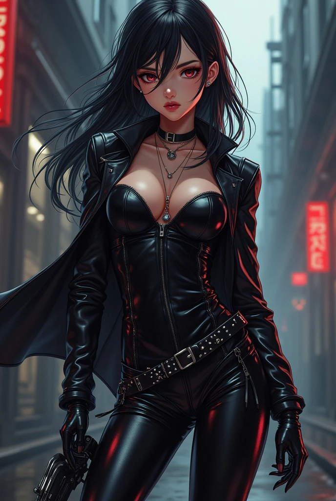 masterpiece, ultra high quality CG, best quality, perfect picture, solo, Velvet Crowe (yellow eyes, white skin, messy black hair too long, choker, small breasts, lipstick, makeup, eyeliner) as a cybernetic from a dystopic futuristc game