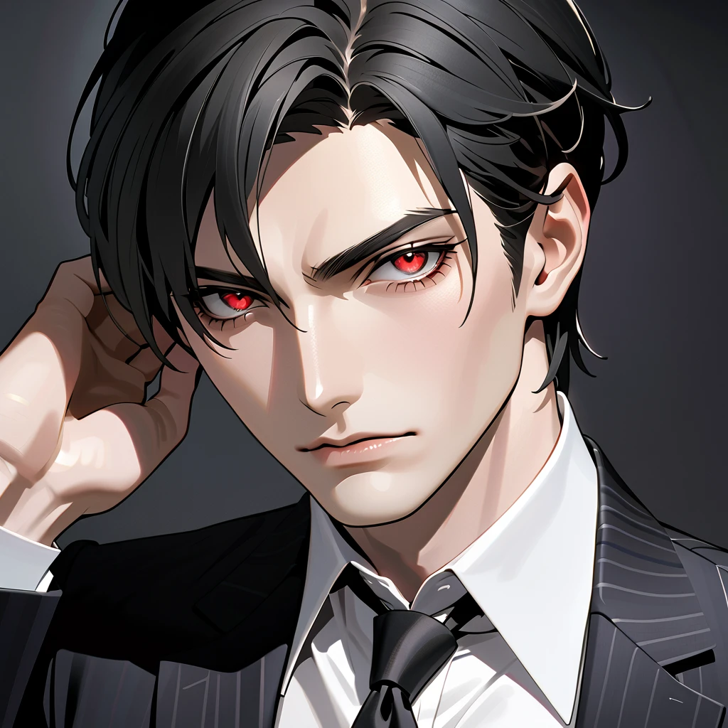   black hair,   sharp eye, Lewd Eyes, male　 red eyes　Short Hair　  handsome, ,  business suit　Portraiture　 upper body　 Snapshots　 cowboy shot . black Background 