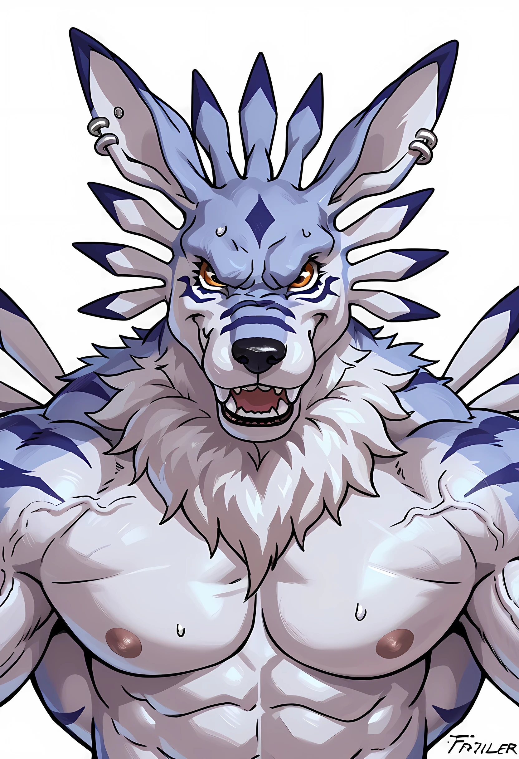 source_anime, cartoon, weregarurumon, simple background, detailed, (cel shaded, flat colors):1.5, half body, by wfa, by taran fiddler, heavyweight, muscular, very muscular, detailed eyes, veiny muscles, sweat, angry, biceps, front view, looking at viewer