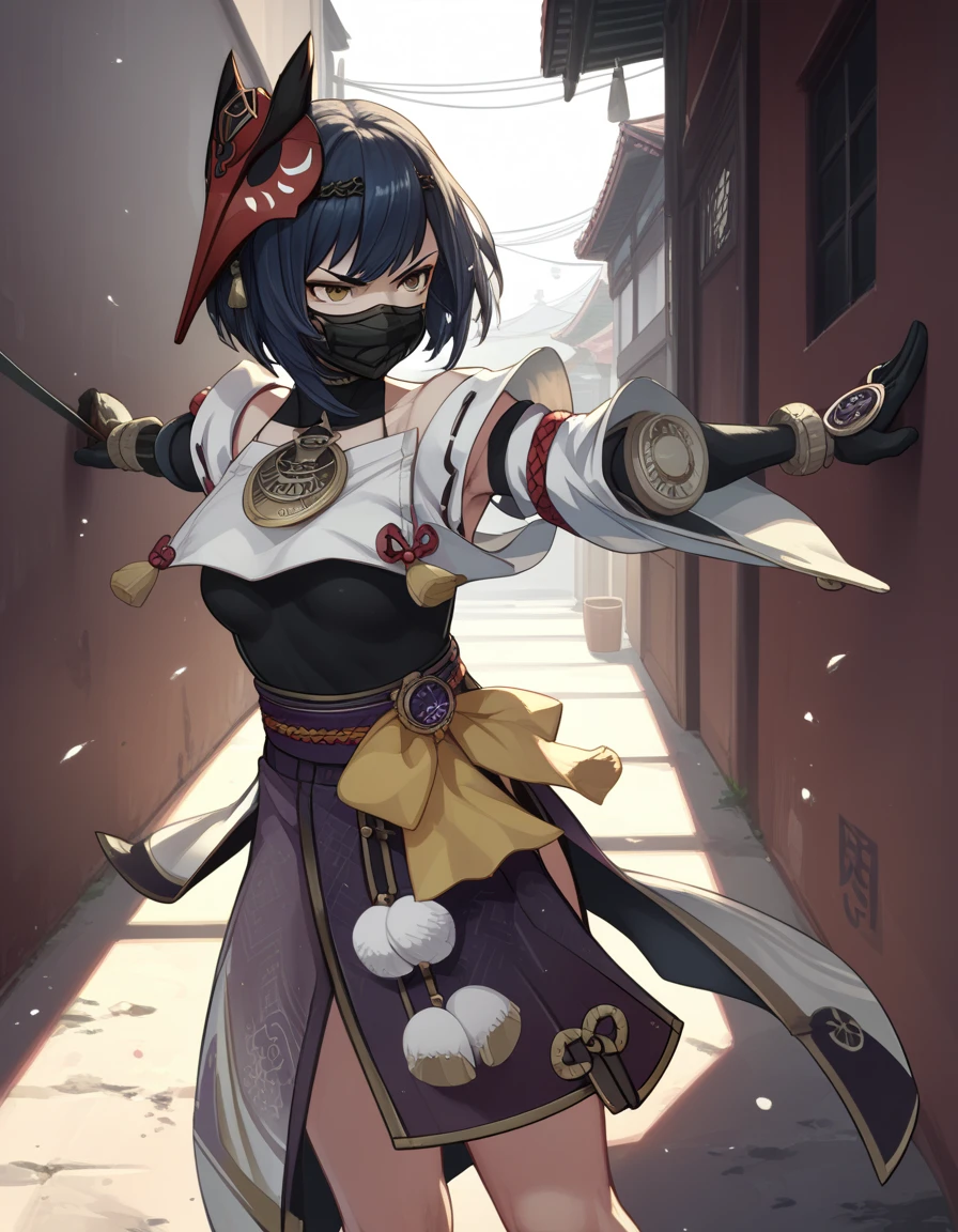 score_9,  score_8_up, score_7_up, source_anime
cu70u5a4a,  Japanese clothes ,  head mask ,  separate sleeves , elbow pads, order,
 1girl, One, alley, fighting stance, wicked