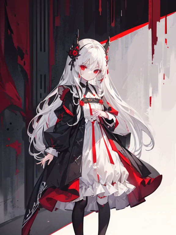 "Create an image depicting a mature woman with long white hair, her red eyes covered by a cloth, being sealed within a chaotic and devastated backdrop. She is chained by many chains, she looks empty, her eyes are covered with cloth, her body is filled with divine chains, she is sealed because she is a villain"
