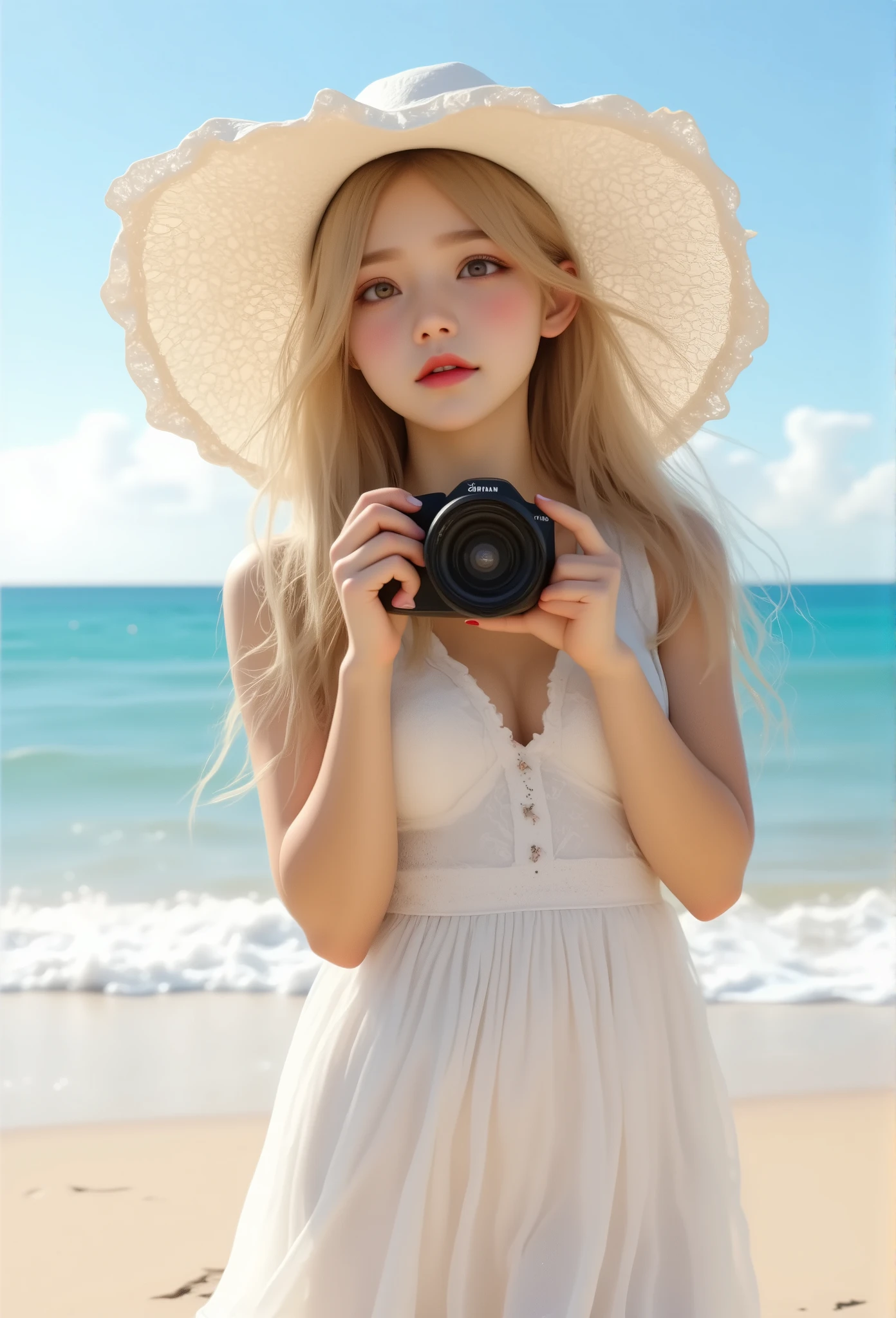 masterpiece, best quality, ultra-detailed, full body shot,young girl standing on a sunny beach, she is holding a camera up to her face, her long blonde hair is gently blowing in the breeze under a large, wide-brimmed white hat, she is wearing a light, flowing white summer dress, her expression is calm and focused as she takes a picture, the bright sunlight reflects off the water behind her, creating sparkling highlights, the sky is clear and blue, with a few soft clouds in the distance, the sandy beach and waves gently rolling in the background create a serene and peaceful atmosphere, her outfit and the camera are rendered with photorealistic precision, capturing the fine details of the scene, from the texture of the sand to the soft folds in her dress.