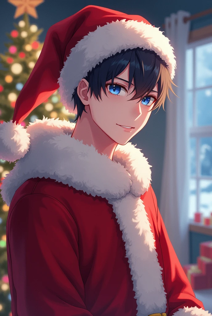 Anime Boy 、金髪で blue eyes, is cosplaying Santa Claus、 background is an indoor Christmas tree 、背の高い Anime Boy 、 blue eyes, beautiful anime man , Beautiful anime pose , anime portrait of an attractive man, Young Anime Guy, Male Anime Characters , Male Anime Style, Handsome Prince, beautiful anime eyes from below the upper body