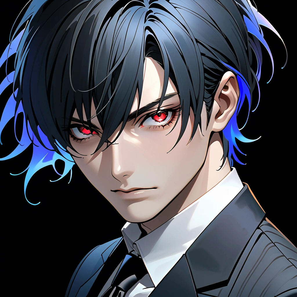   black hair,   sharp eye, Lewd Eyes, male　 red eyes　Short Hair　  handsome, ,  business suit　Portraiture　 upper body　 Snapshots　 cowboy shot , with deep black background blue aura