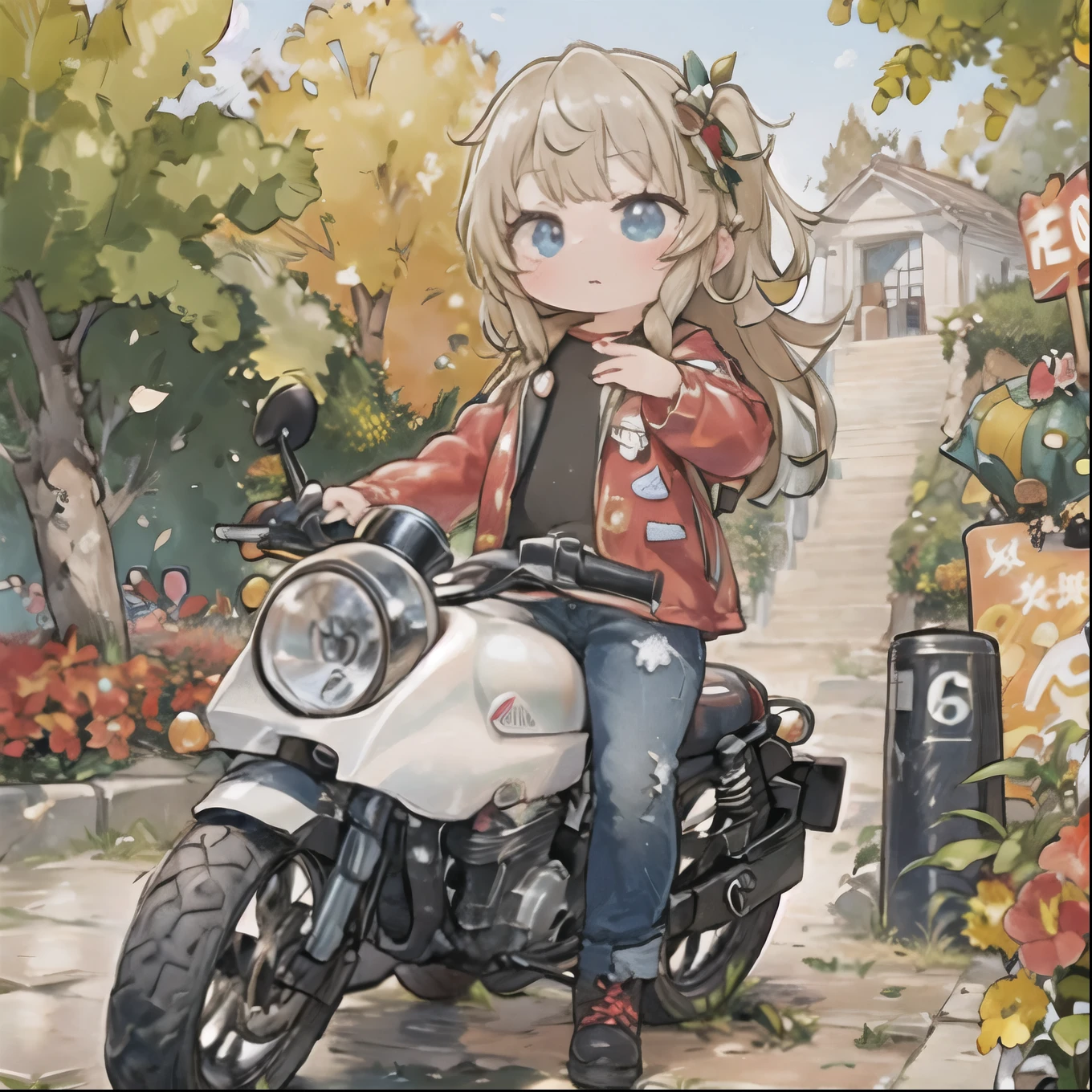 ( masterpiece， top quality:1.2), A young girl rides a small motorcycle, Alone,    fallen leaves，  Santa Claus costume  ，