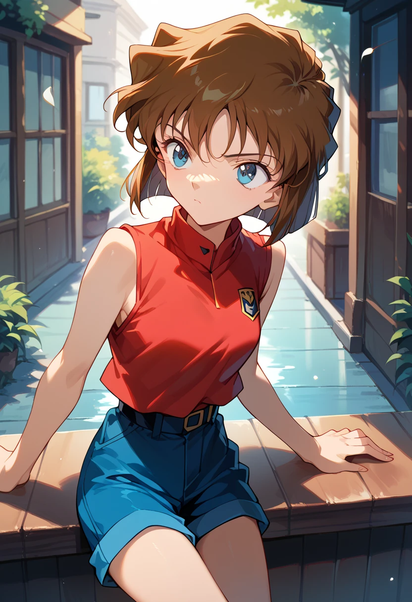 masterpiece, high definition , top quality ,8k
(Detective Conan,who haibara,young girl,blue eyes,brown hair,short hair)
( red sleeveless, navy blue shorts)