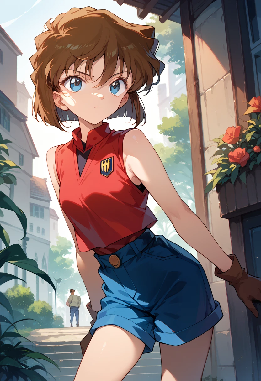 masterpiece, high definition , top quality ,8k
(Detective Conan,who haibara,young girl,blue eyes,brown hair,short hair)
( red sleeveless, navy blue shorts)