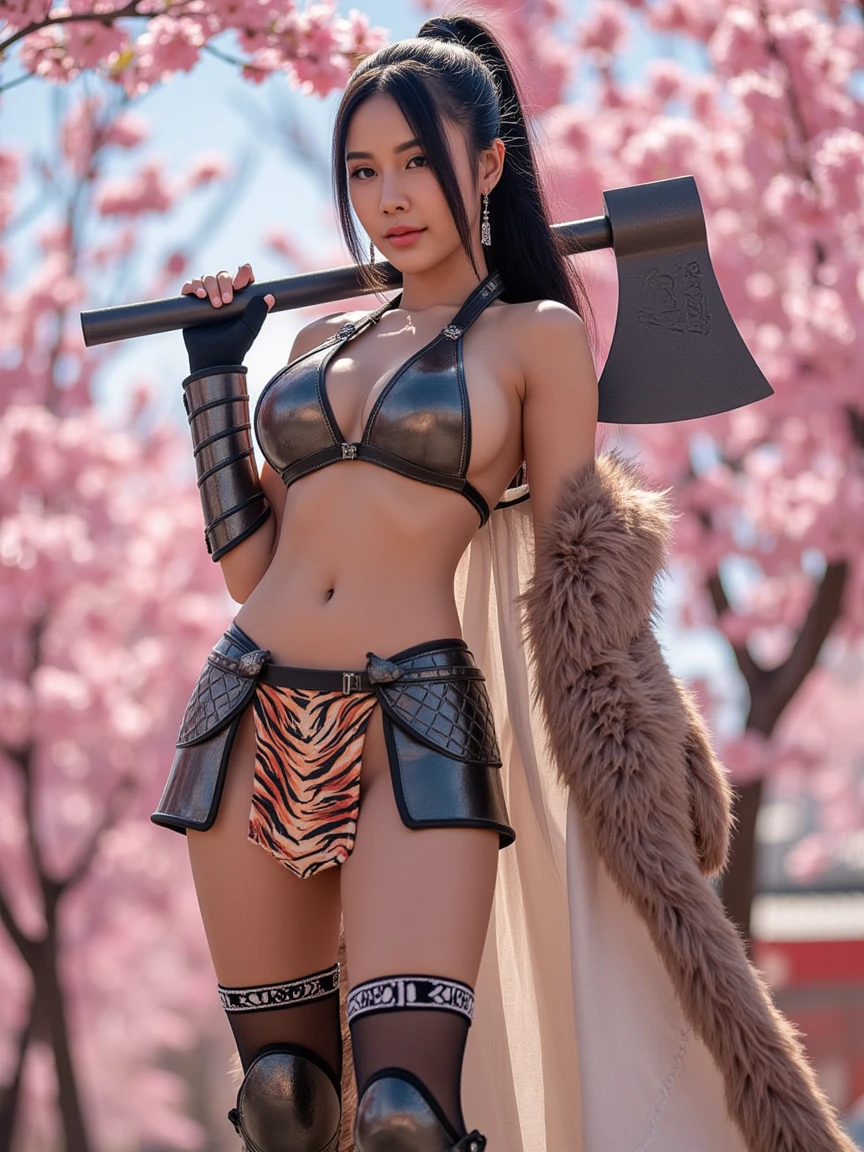 masterpiece,  super detailed , 8k, 16k,   female knight, Wearing medieval armor, Breastplate, (Armor skirt:1.5), white panties, arms, carrying a 'huge axe on her shoulders:1.5), 30-year-old Japanese woman， black hair, ponytail,  provocative smile， Chest， cleavage， thighs are visible， skinny, black knee-high socks, belly button, labia， has open legs, Foot gap, ( pussy line:1.5), belly button, high leg, thighs are visible, Cloak sexy , Exposed Armor,  glamorous bikini armor, Stunning Armor,  Gauntlet, gloves, Medieval Helmet， sexy female character dressed as a female warrior from the Sengoku period  、(( tight body))、  tight body、  Sexy female character dressed as a samurai from the Sengoku period  、 What is tiger pattern armor、 bikini type designed to highlight chest exposure I will, I'm wearing a fur cape 、  tiger pattern super mini skirt 、Skirt Armor、Tiger print shin guard 、Black high leg pants、Sakura-colored tights  、  absolute domain、( full body)、(( Dynamic Angle )) 、((  wield a sword powerfully  ))、  strong and elegant atmosphere waving  、 she has a sharp gaze  、  The background is a battlefield sprinkled with cherry blossoms  、  has rich breasts and thighs  、  Super high resolution and realistic touch  、  shining armor and fabric texture  、  depicts dynamic poses down to the smallest detail  、