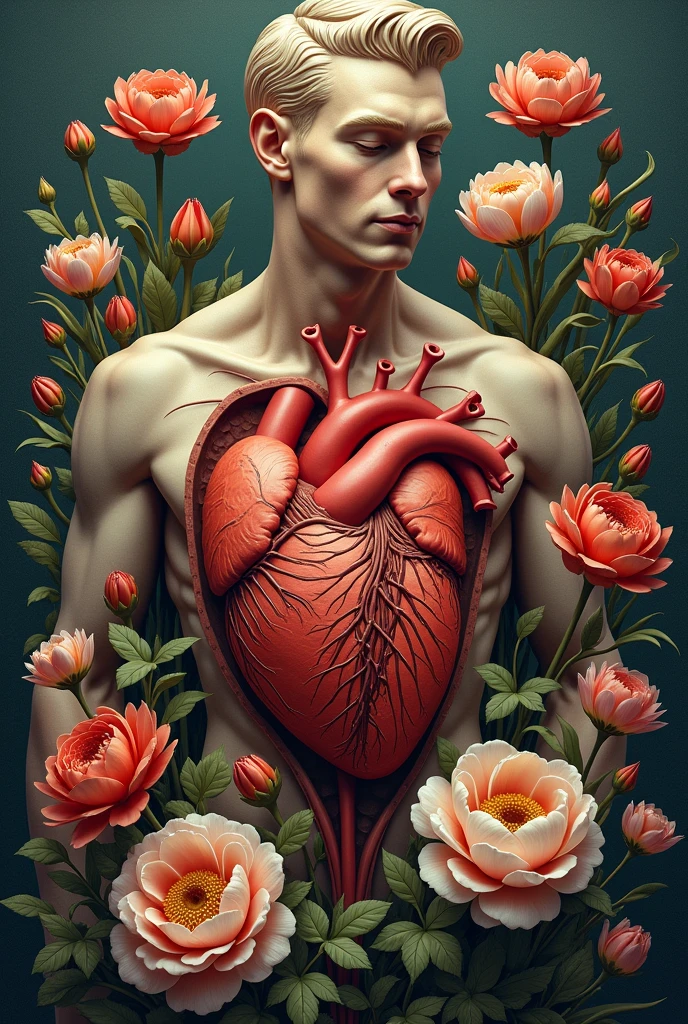 ((Detailed anatomy correct human heart, Veins and flowers)), Carved in Druze quartz stone in bright colors, Realistic, 8K, Masterpiece