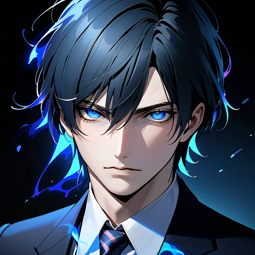   black hair,   sharp eye, Lewd Eyes, male　blue glowing eyes　Short Hair　  handsome, ,  business suit　Portraiture　 upper body　 Snapshots　 cowboy shot , with deep black background blue aura