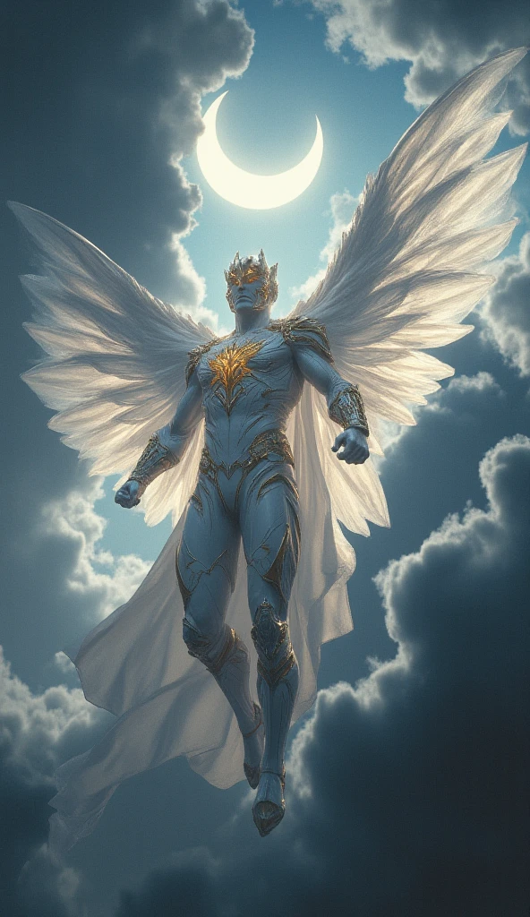 High Resolution, Masterpiece, Award Winning, moon knight white and golden colour costume realistic shining and fly in sky 