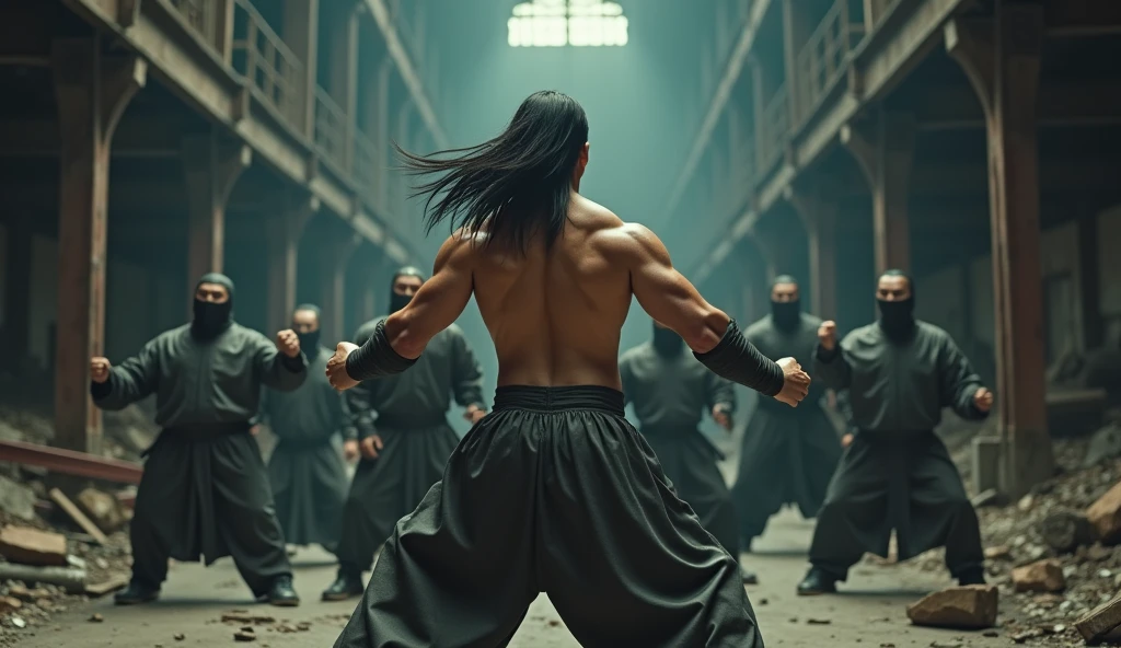 Japanese ninja training shirtless with other ninjas