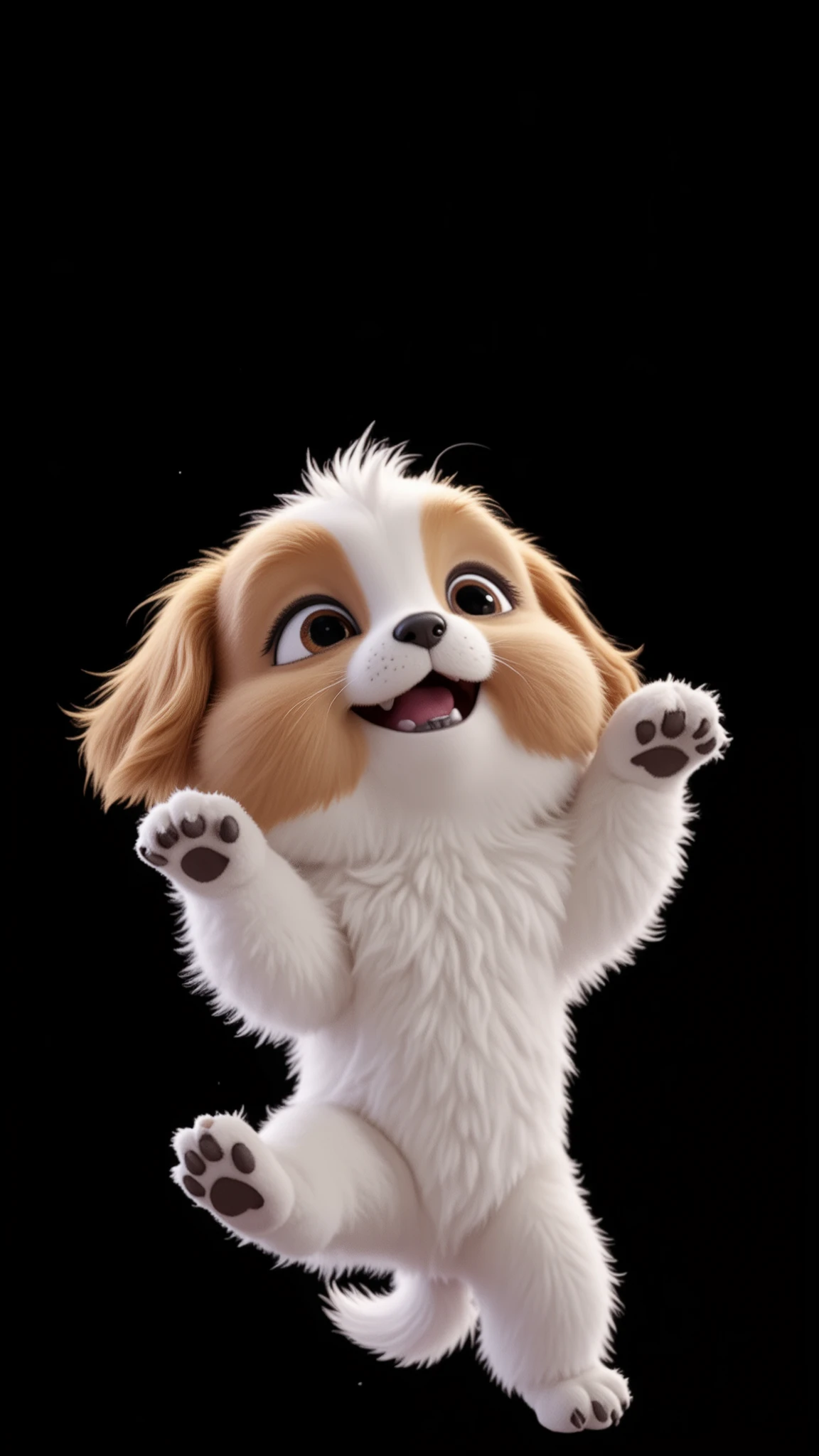 A 3D Pixar-style animation of a white Lhasa Apso puppy with caramel-colored fur around the eyes and paws. The puppy is dancing happily on two paws and looking up at the sky with an expression of hope. The background is a bright starry sky, with a larger and brighter star illuminating the center of the screen. Small rays of light fall from the sky.
