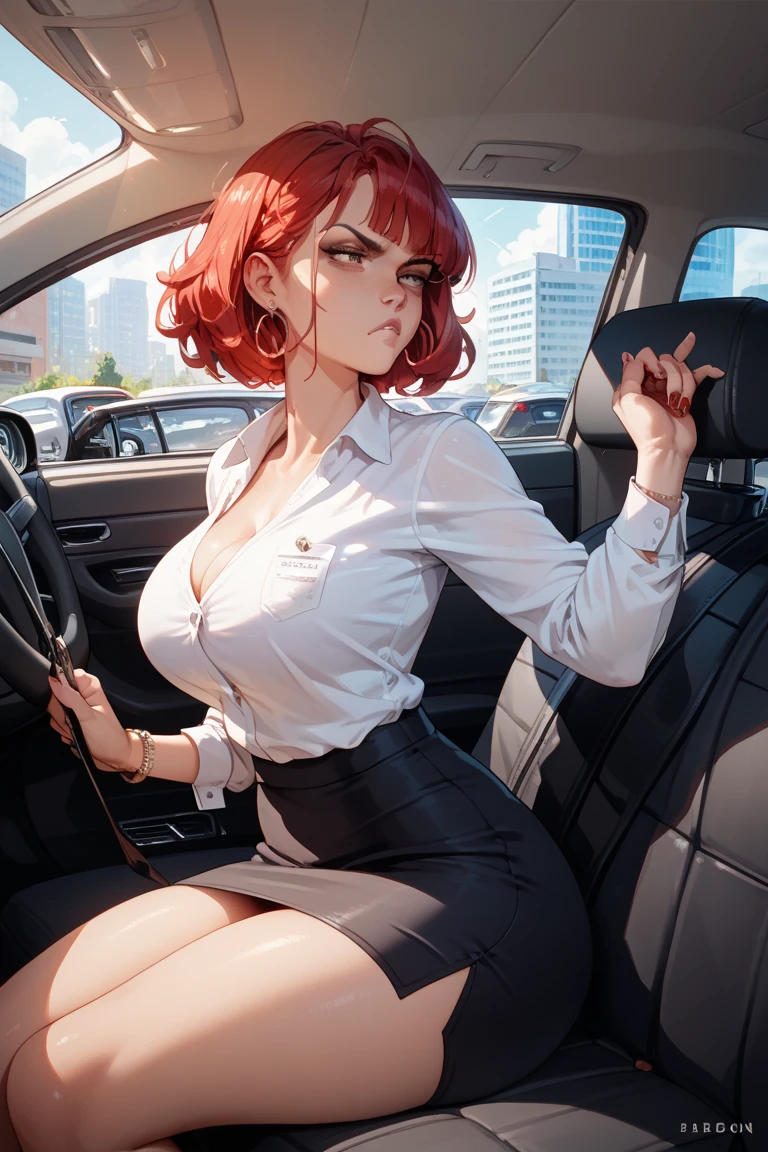 1 girl, Red short hair, Glasses, freckle, Work clothes, Smile,