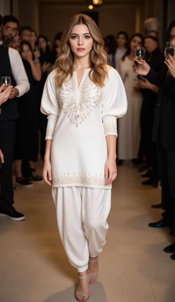 A photo of a tall, striking woman standing straight and camera-facing at a party. She has wavy gold-brown hair peeking out from beneath an organza dupatta, which covers her neck. She is adorned in a Punjabi-style slim-fit outfit featuring a white shimmer satin shiny foil fabric multicoolor mirror stone floral design and a high neck kurti with dhoti style shalwar. The kurti showcases exaggerated puffy shoulders and 3/4 sleeves. She is wearing high heels, which accentuate her poised stance. The background is blurred and contains other party-goers.