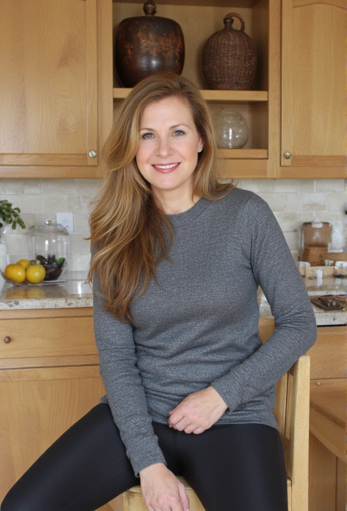 A cute looking mom, in her forties, wearing tight yoga pants. Long hair. In her kitchen. Detailed face.