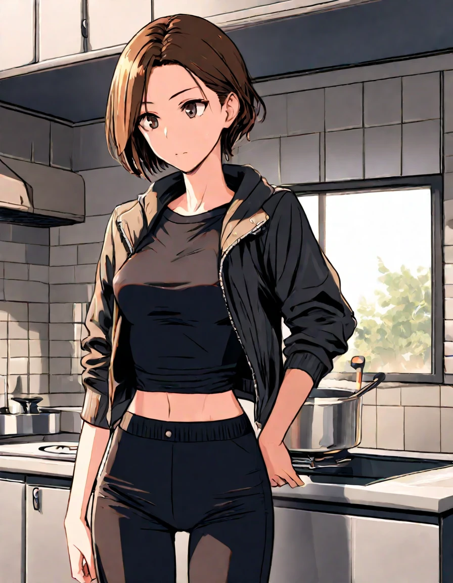  short hair , in a short tight home sweater， medium build，approximately,   hot girl, in the kitchen,  thin waist, double jacket , игрушкой, black top, housewife,  Brown hair, 20 years