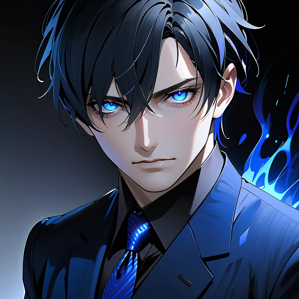   black hair,   sharp eye, Lewd Eyes, male　blue glowing eyes　Short Hair　  handsome, ,  business suit　Portraiture　 upper body　 Snapshots　 cowboy shot , with deep black background blue aura