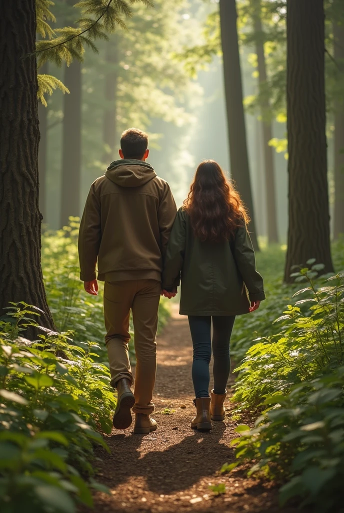 ArsMovieStill, movie still from a 1990s indie movie, The image shows a man and woman walking down a path in the woods holding hands. The path is lined with trees on either side and the sky is visible in the background., long hair, tree, outdoors, nature, holding hands, forest, scenery, pants, 1boy, from behind