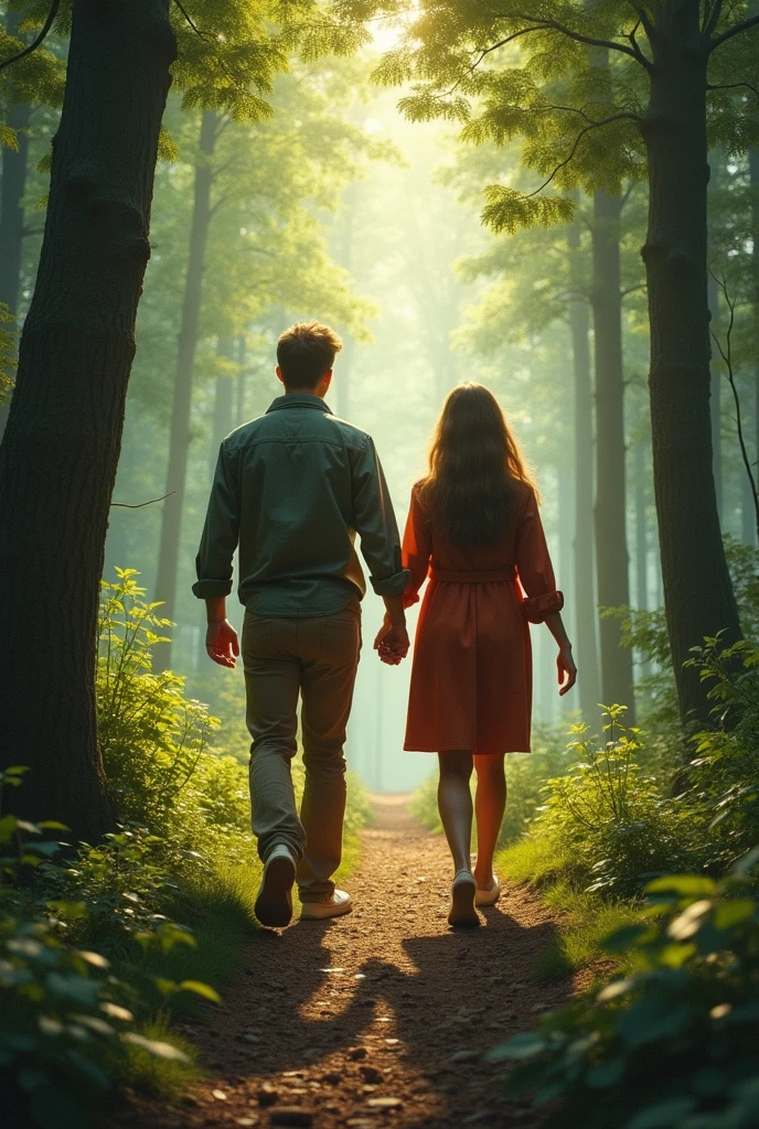 Imagem 4k, a father walking hand in hand with two daughters in a beautiful forest, a primeira filha tem 1,60 cabelos negros, a segunda filha tem 1 metro e cabelos ruivos, o pai tem 1,71. The three are back to back