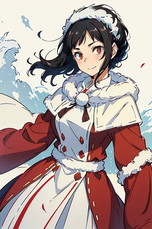 Beautiful girl with wavy shortblack hair, wearing a red dress with white fluffy effects, (snow)  smilling 