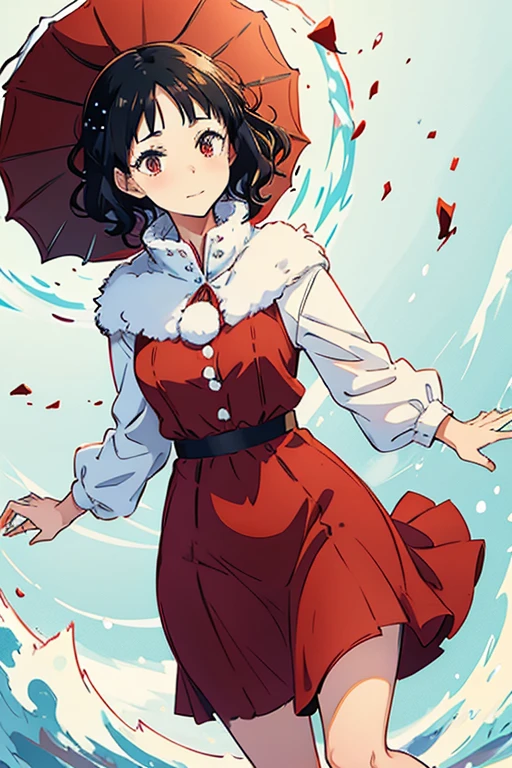 Beautiful girl with wavy shortblack hair, wearing a red dress with white fluffy effects, (snow)  smilling 