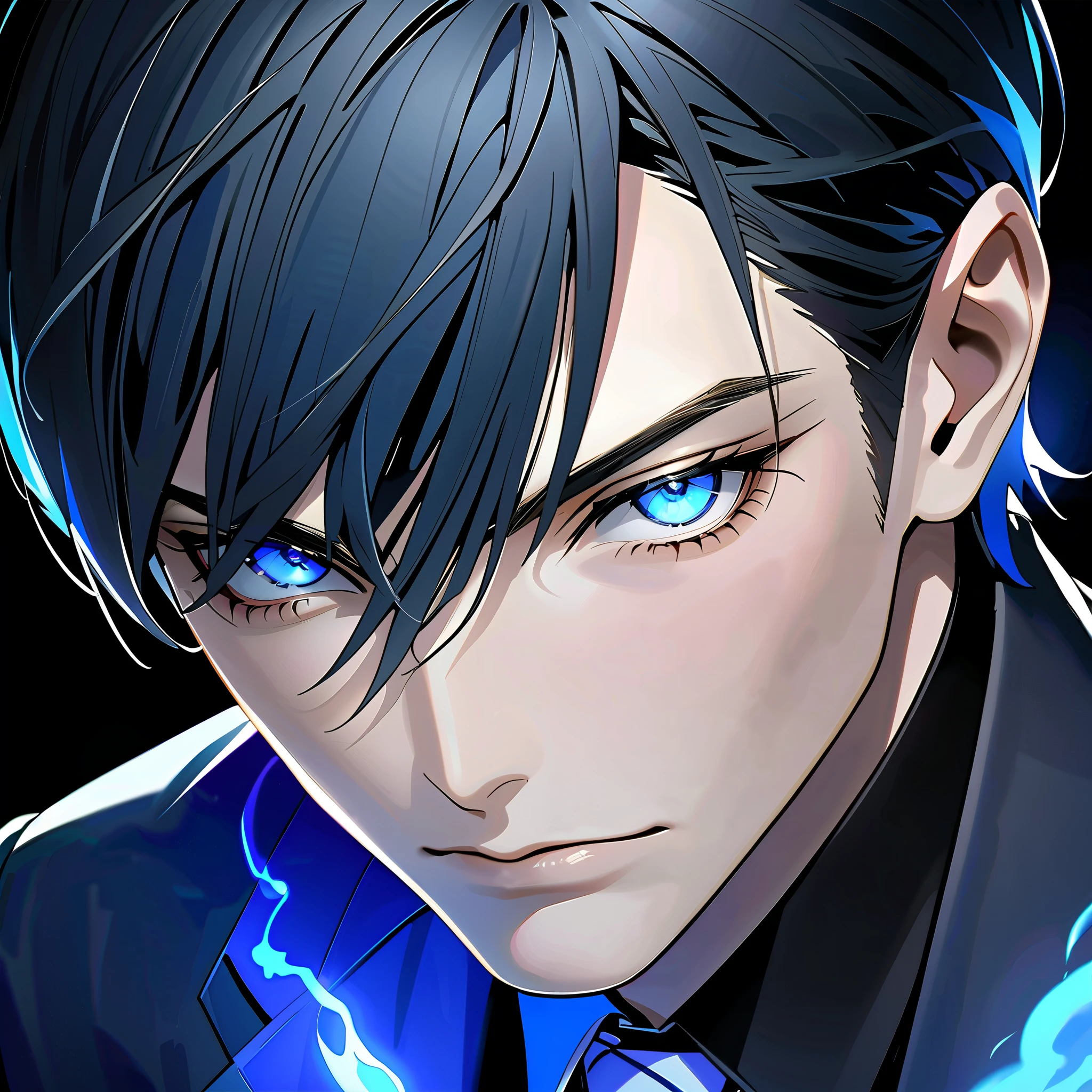   black hair,   sharp eye, Lewd Eyes, male　blue glowing eyes　Short Hair　  handsome, ,  business suit　Portraiture　 upper body　 Snapshots　 cowboy shot , with deep black background blue aura