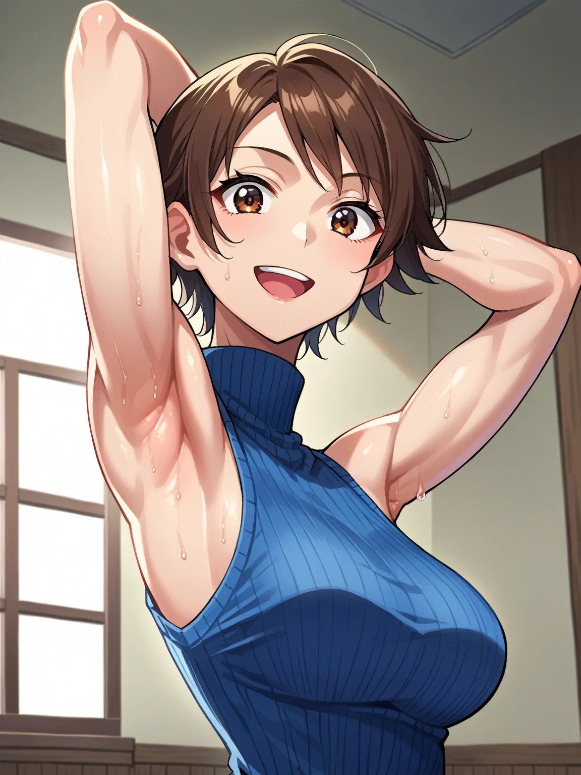 score_9, score_8_up, score_7_up, source_anime, anime screencap, 1girl, solo, Asuka kazama, short hair, brown hair, wavy hair, brown eyes, blue sweater, sleeveless sweater, ribbed sweater, turtleneck, sleeveless, bare shoulders, arm behind head, armpit, muscle, arms muscle, looking at viewer, head towards viewer, smile, opened mouth, badhandv4, indoors, from side, (from below:1.1), sweaty armpits