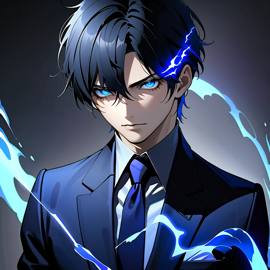   black hair,   sharp eye, Lewd Eyes, male　blue glowing eyes　Short Hair　  handsome, ,  business suit　Portraiture　 upper body　 Snapshots　 cowboy shot , with deep black background blue aura