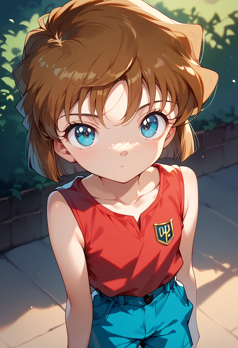 masterpiece, high definition , top quality ,8k (((toddler body,Young,cute body,small)))
(Detective Conan,who haibara,blue eyes,brown hair,short hair)
( red sleeveless, navy blue shorts,collarbone)