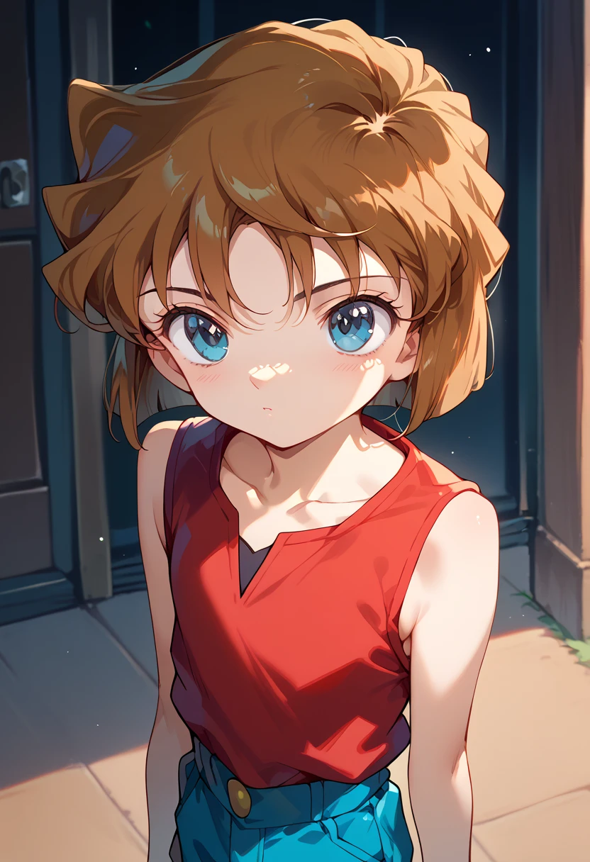 masterpiece, high definition , top quality ,8k (((toddler body,Young,cute body,small)))
(Detective Conan,who haibara,blue eyes,brown hair,short hair)
( red sleeveless, navy blue shorts,collarbone)