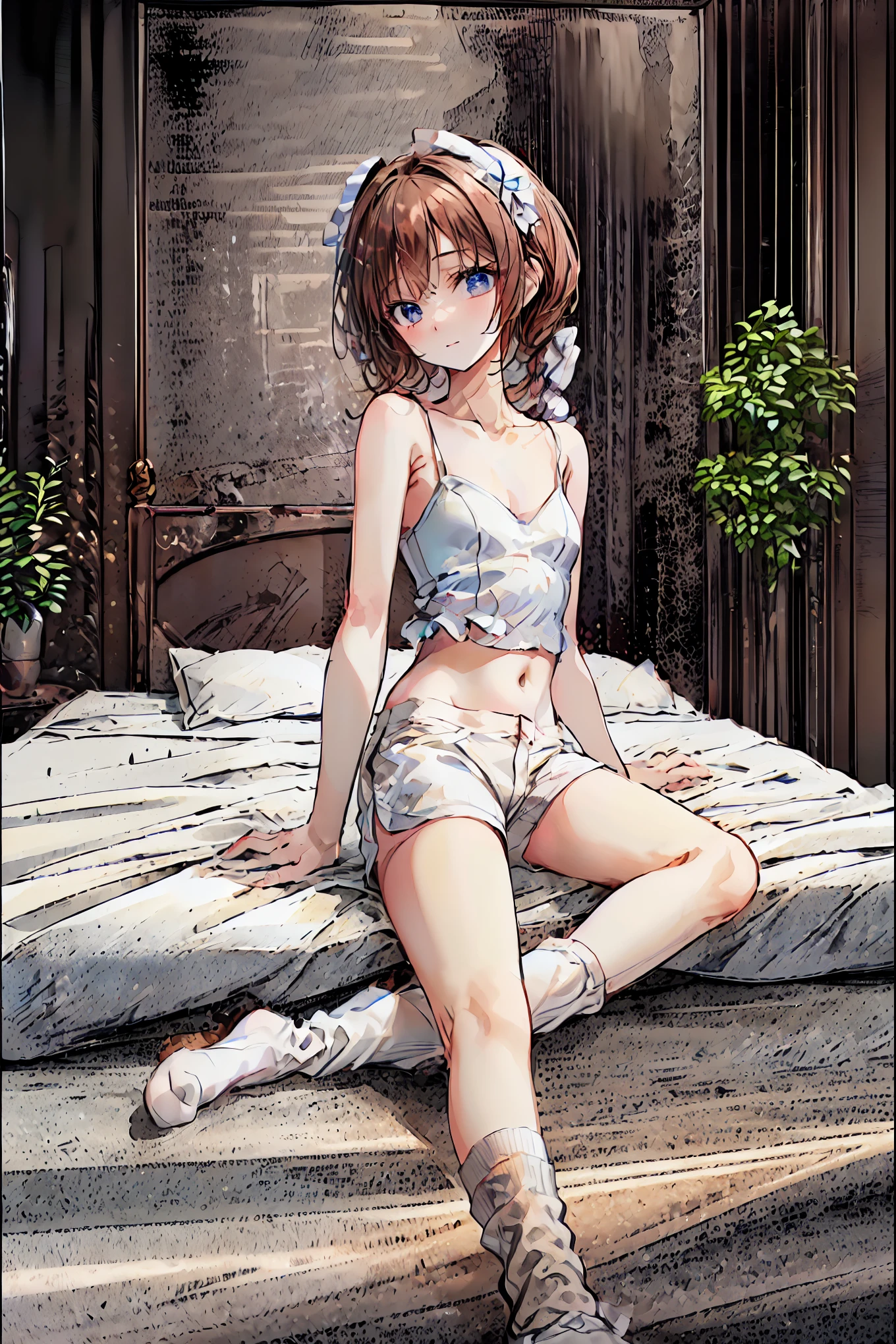   absurd,(masterpiece、  top quality 、8k ),   Intricate Details ,  very detailed、1 cute girl、((movie:1.4)),  Embarrassing  、(  flat chest、bulge:2.2( Brown Hair、(   white camisole ,  white shorts、  White Knee High Socks  :1.3),  on the bed、  surrenders, perfect anatomy，Brown Hair，  shortcuts ，  tousled hair， short braided hair，Neat， Slender and beautiful，Correct posture， small breasts，  beautiful legs， Their enchanting gray-blue eyes shine like stars，Droopy eyes，  bright color,  beautiful eyes,A delicate smile,textured skin,  top quality  best ,   A Parody of a Gentle and Beautiful Woman  ,  anime style ､