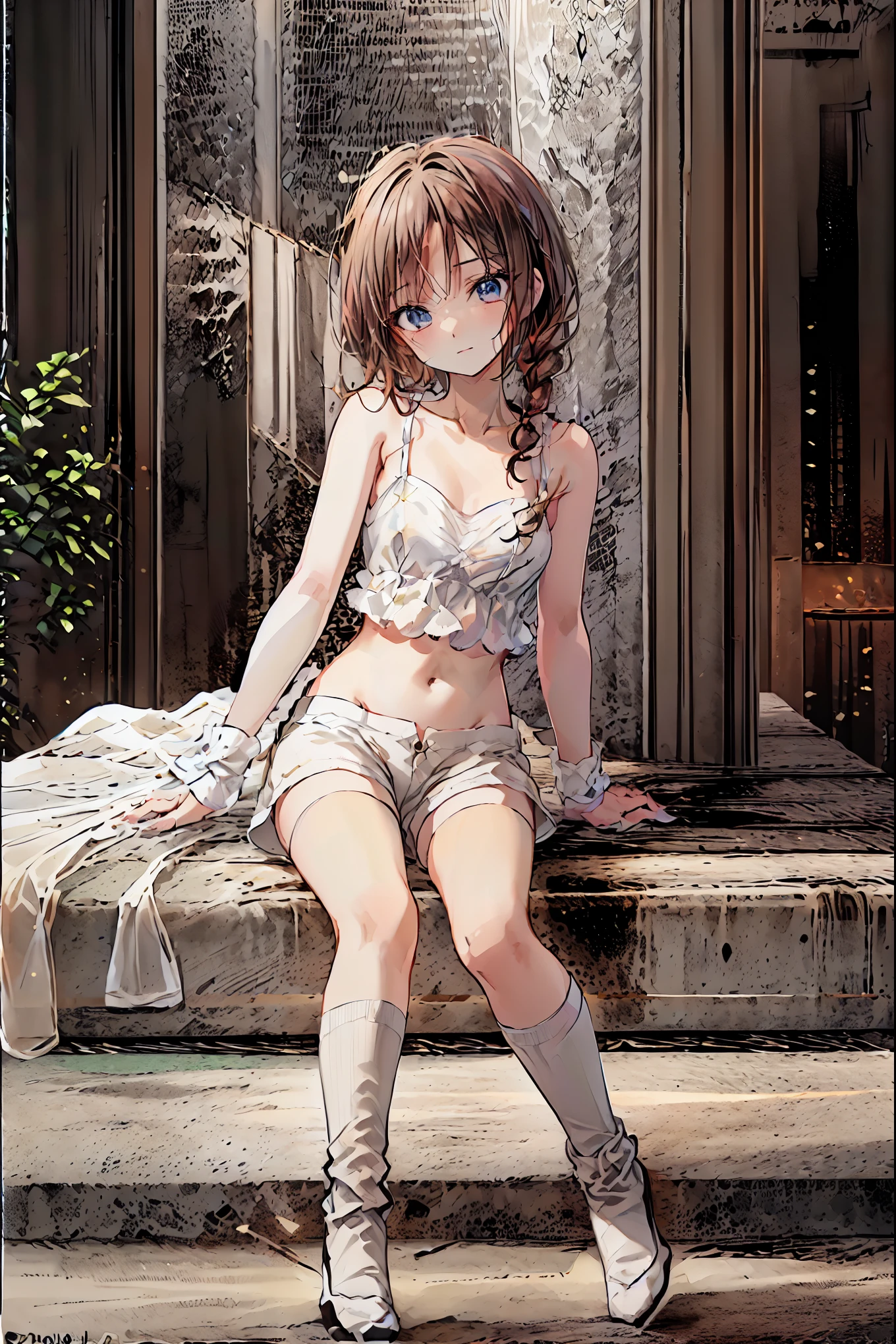   absurd,(masterpiece、  top quality 、8k ),   Intricate Details ,  very detailed、1 cute girl、((movie:1.4)),  Embarrassing  、(  flat chest、bulge:2.2( Brown Hair、(   white camisole ,  white shorts、  White Knee High Socks  :1.3),  on the bed、  surrenders, perfect anatomy，Brown Hair，  shortcuts ，  tousled hair， short braided hair，Neat， Slender and beautiful，Correct posture， small breasts，  beautiful legs， Their enchanting gray-blue eyes shine like stars，Droopy eyes，  bright color,  beautiful eyes,A delicate smile,textured skin,  top quality  best ,   A Parody of a Gentle and Beautiful Woman  ,  anime style ､