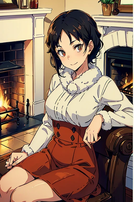 Beautiful girl with wavy shortblack hair ,fox type eyes , wearing a red dress with white fluffy effects,  smilling  ( sitting beside a fire place)