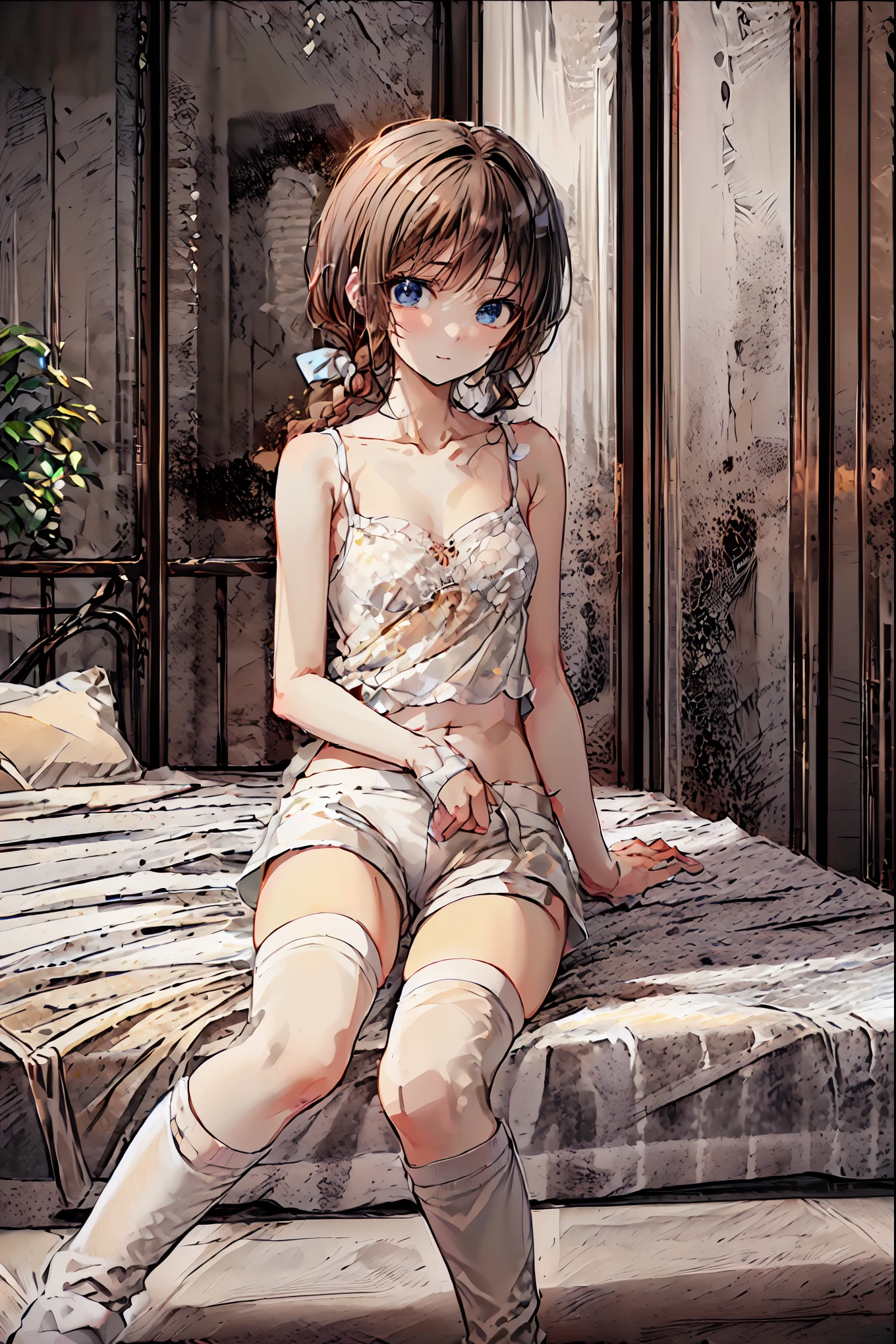   absurd,(masterpiece、  top quality 、8k ),   Intricate Details ,  very detailed、1 cute girl、((movie:1.4)),  Embarrassing  、(  flat chest、bulge:2.2( Brown Hair、(   white camisole ,  white shorts、  White Knee High Socks  :1.3),  on the bed、  surrenders, perfect anatomy，Brown Hair，  shortcuts ，  tousled hair， short braided hair，Neat， Slender and beautiful，Correct posture， small breasts，  beautiful legs， Their enchanting gray-blue eyes shine like stars，Droopy eyes，  bright color,  beautiful eyes,A delicate smile,textured skin,  top quality  best ,   A Parody of a Gentle and Beautiful Woman  ,  anime style ､