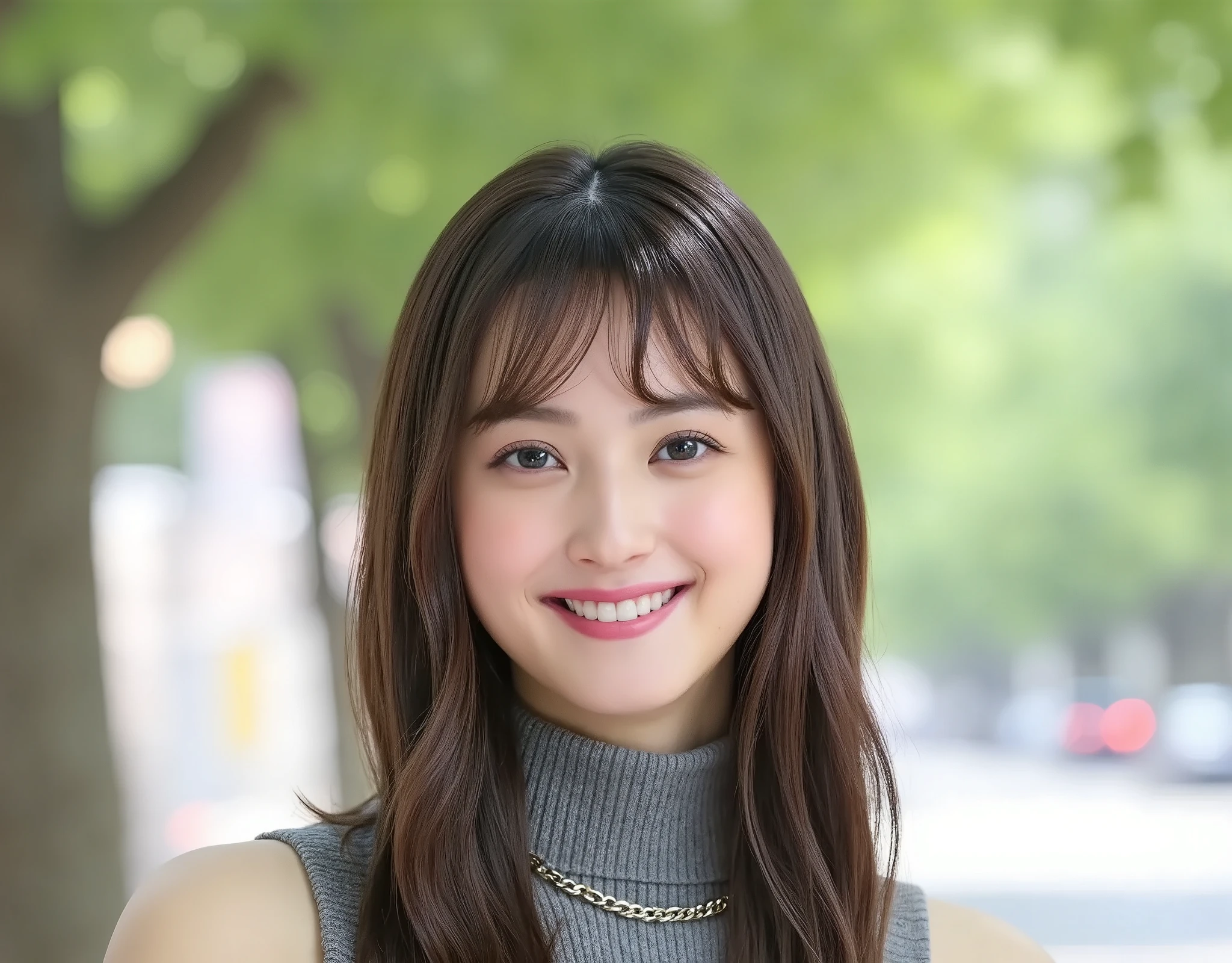 NSFW, (Highest quality), (Ultra-precise CG 16K wallpaper), (Realistic: 1.6), (High saturation), (Sharp), Beautiful detailed shading, Beautiful natural lighting, Beautiful detailed glow, Perfect anatomy, Composition in which the person fills the screen, Bright sunlight in the daytime, Natural light, Depth of field, (Mature 24 year old woman, One person: 1.6), (Very beautiful Japanese face), (Sasaki Nozomi), (Straight medium hair, bangs: 1.6), (Shiny black hair), (Sparkling eyes), (C cup size breasts, cleavage, slim thighs: 1.6), (Beautiful breasts), (Beautiful legs), (Beautiful skin), Beautiful proportions, (Smile: 1.0), (Looking at me: 1.6), (Wearing a turtleneck sleeveless grey ribbed knit mini dress: 1.6), (Wearing a chain necklace), (Walking pose: 1.6), (Tree-lined road), (Full screen image:1.8), (cowboy shot:1.6), (image of a woman looking straight ahead:1.6), (woman walking down a tree-lined street:1.6),