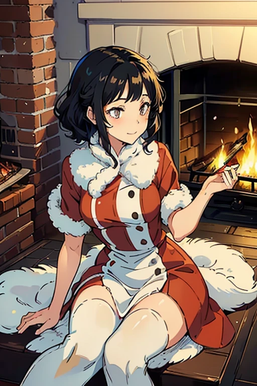 Beautiful girl with wavy shortblack hair ,fox type eyes , wearing a red and white dress fluffy effects,  smilling  ( sitting beside a fire place)