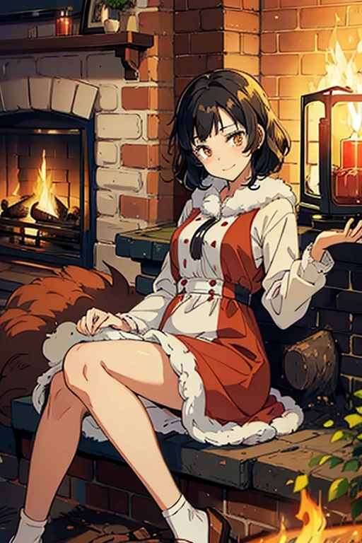 Beautiful girl with wavy shortblack hair ,fox type eyes , wearing a red and white dress fluffy effects,  smilling  ( sitting beside a fire place)