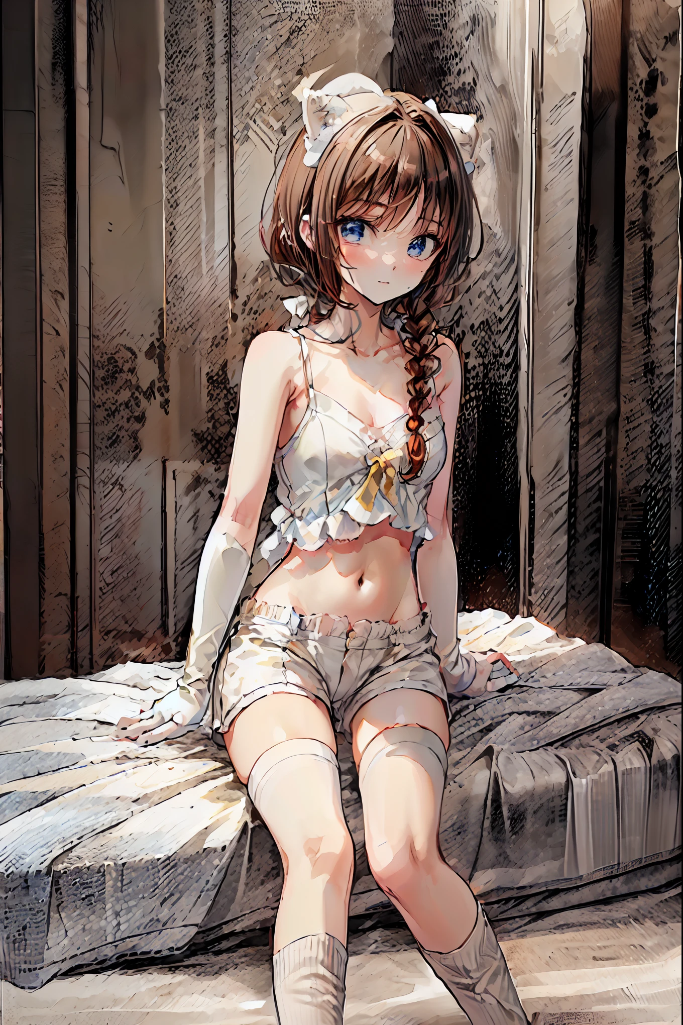   absurd,(masterpiece、  top quality 、8k ),   Intricate Details ,  very detailed、1 cute girl、((movie:1.4)),  Embarrassing  、(  flat chest、bulge:2.2( Brown Hair、(   white camisole ,  white shorts、  White Knee High Socks  :1.3),  on the bed、  surrenders, perfect anatomy，Brown Hair，  shortcuts ，  tousled hair， short braided hair，Neat， Slender and beautiful，Correct posture， small breasts，  beautiful legs， Their enchanting gray-blue eyes shine like stars，Droopy eyes，  bright color,  beautiful eyes,A delicate smile,textured skin,  top quality  best ,   A Parody of a Gentle and Beautiful Woman  ,  anime style ､