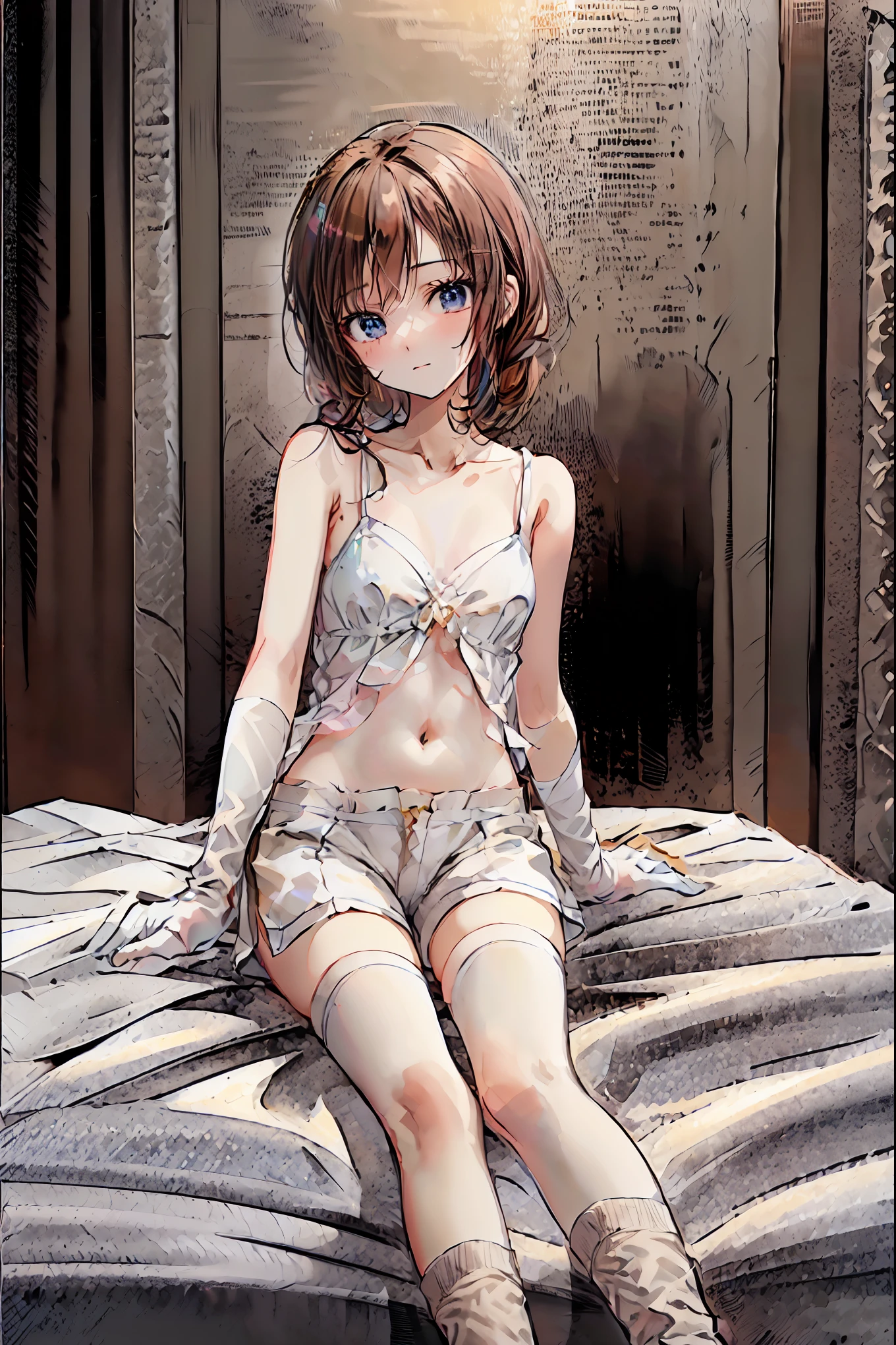   absurd,(masterpiece、  top quality 、8k ),   Intricate Details ,  very detailed、1 cute girl、((movie:1.4)),  Embarrassing  、(  flat chest、bulge:2.2( Brown Hair、(   white camisole ,  white shorts、  White Knee High Socks  :1.3),  on the bed、  surrenders, perfect anatomy，Brown Hair，  shortcuts ，  tousled hair， short braided hair，Neat， Slender and beautiful，Correct posture， small breasts，  beautiful legs， Their enchanting gray-blue eyes shine like stars，Droopy eyes，  bright color,  beautiful eyes,A delicate smile,textured skin,  top quality  best ,   A Parody of a Gentle and Beautiful Woman  ,  anime style ､