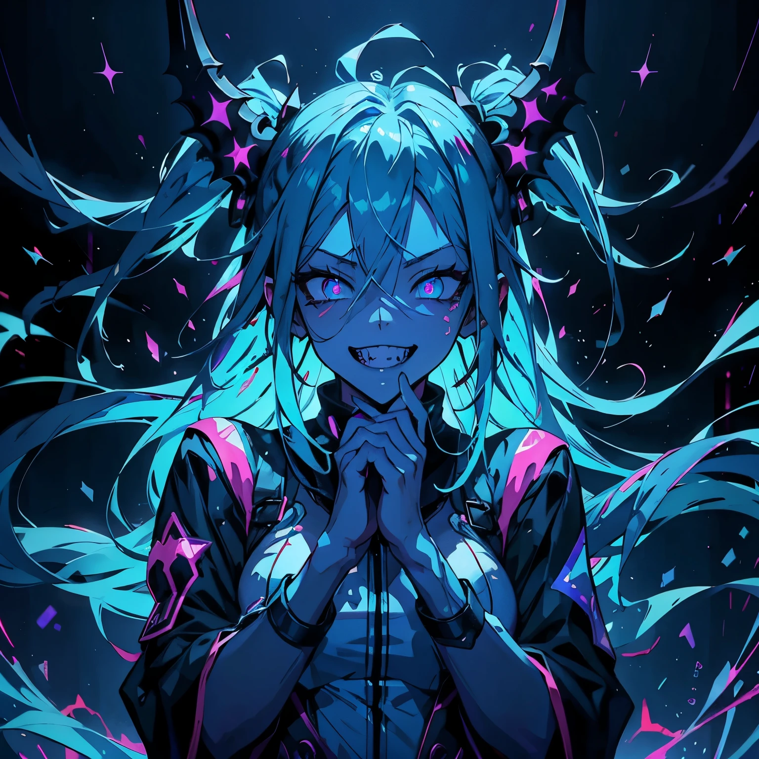 psycho, A dark lighted anime female with blue glowing eyes, deep eyes, neon blue hair and a lot of blue energy, psycho smile, cyan flames are in the background, sharp teeth, battle pose, (blue gradient background:1.4), energy, energetic, Phonk, Brazilian Phonk, Simple Design, Simplified --s 100 --niji 5 --ar 1:1