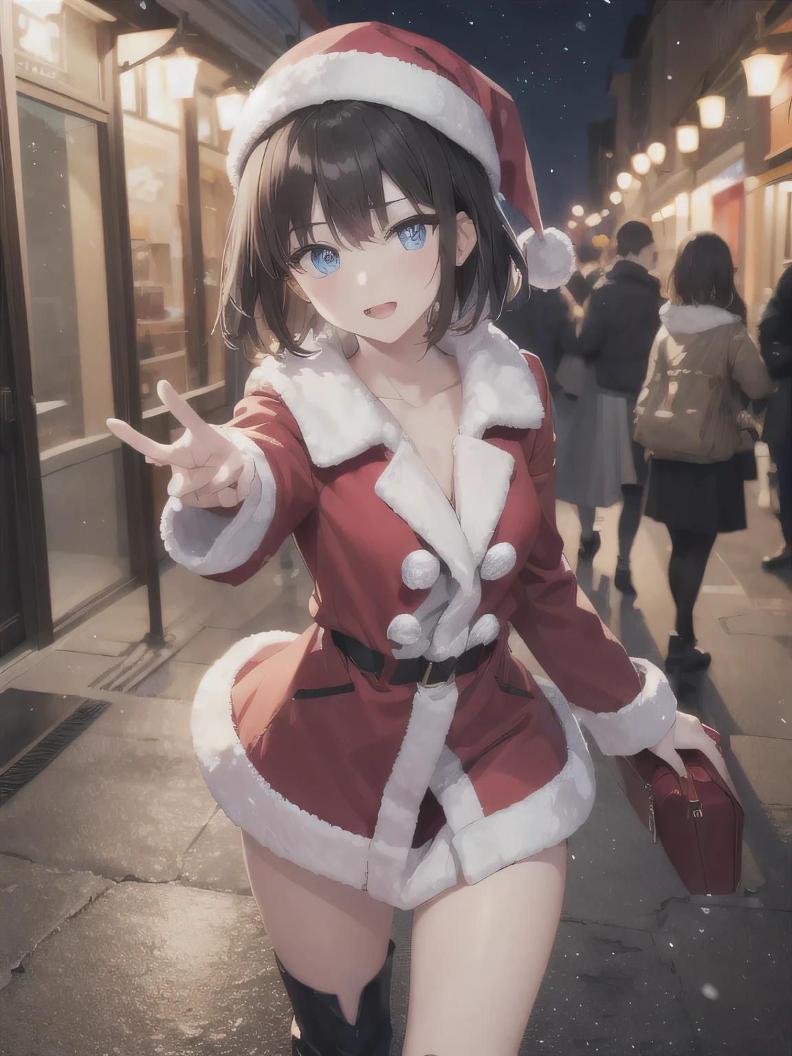 She is dressed in a classic Santa Claus outfit, with a red and white coat, a matching skirt, and black boots, perfectly tailored to her small frame. On her back, she carries a large, white sack filled with presents, the soft fabric of the bag hinting at its generous contents. The The background is a street corner illuminated with Christmas decorations, with the sky transitioning from a warm orange of sunset to the cool blue of night. Snowflakes gently fall, adding to the tranquil winter atmosphere. The girl’s bright and cheerful expression contrasts beautifully with the peaceful surroundings, evoking a sense of warmth and festive joy.   black hair,  blue eyes,  short hair, Narrow eyes, Close eyes , anger,  (masterpiece:1.2),  top quality ,  high definition , unity 8k 壁紙, ( illustrations:0.8), ( beautiful detailed eyes:1.6),  extremely detailed face,  perfect lighting,  very detailed CG, (perfect hand,  perfect anatomy),