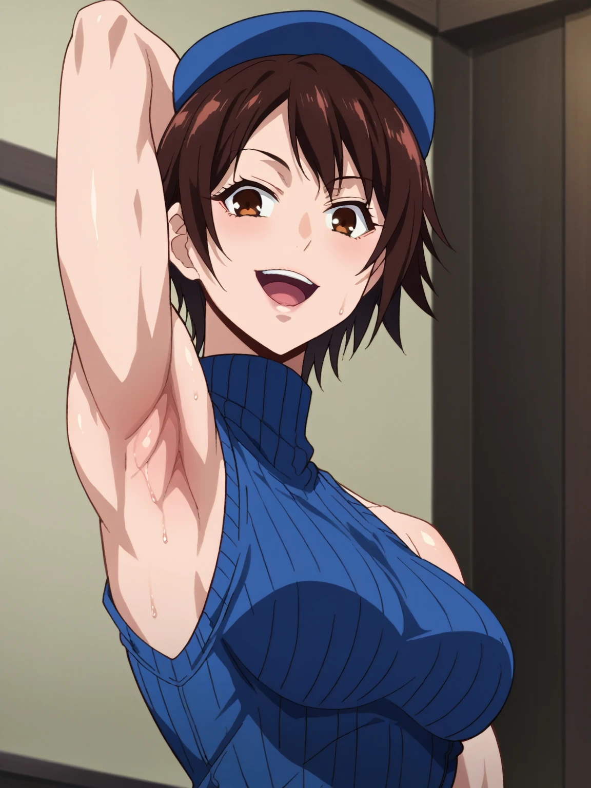 score_9, score_8_up, score_7_up, source_anime, anime screencap, 1girl, solo, Asuka kazama, short hair, brown hair, brown eyes, blue sweater, sleeveless sweater, ribbed sweater, turtleneck, sleeveless, bare shoulders, arm behind head, armpit, muscle, arms muscle, looking at viewer, head towards viewer, smile, opened mouth, badhandv4, indoors, from side, (from below:1.1), sweaty armpits, blue hat, blue arm sleeve